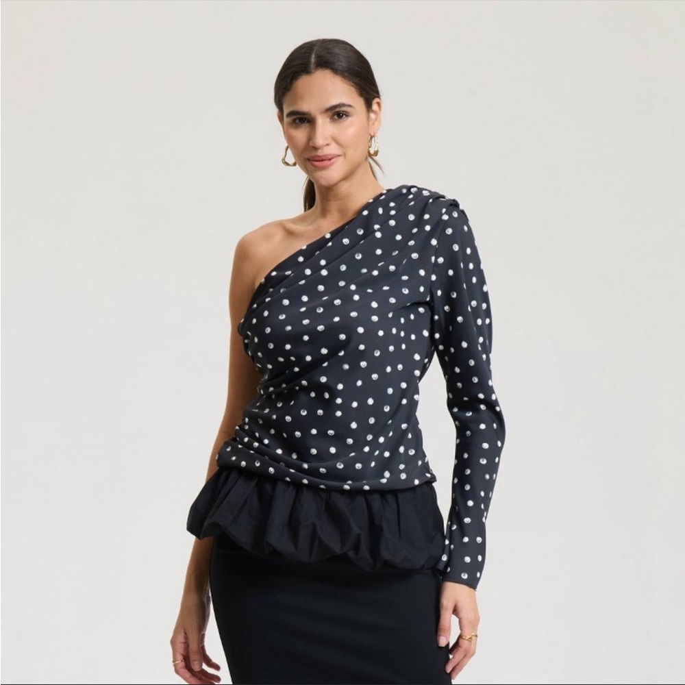 A New Day Navy Blue and White One-Shoulder Top